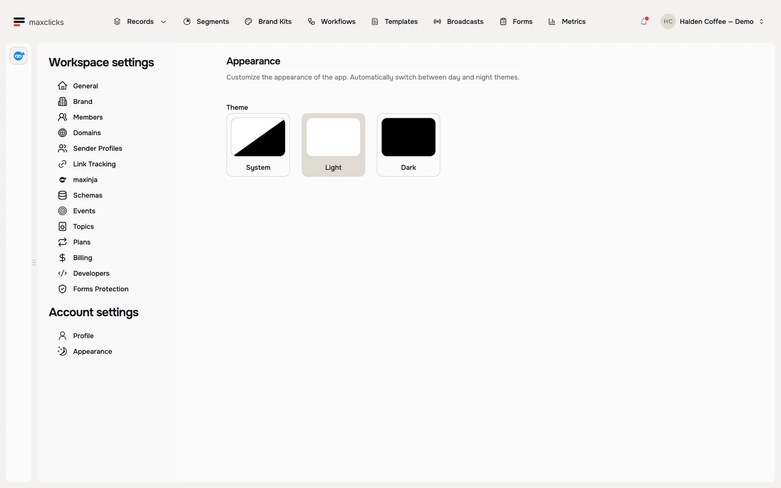 Appearance settings with System, Light and Dark choices