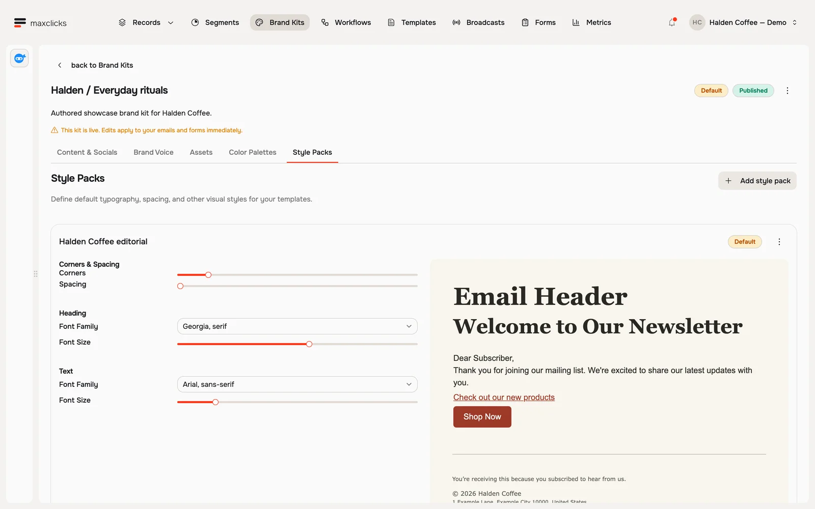 Halden brand Style Packs with Georgia headings, Arial body text and a real style sample