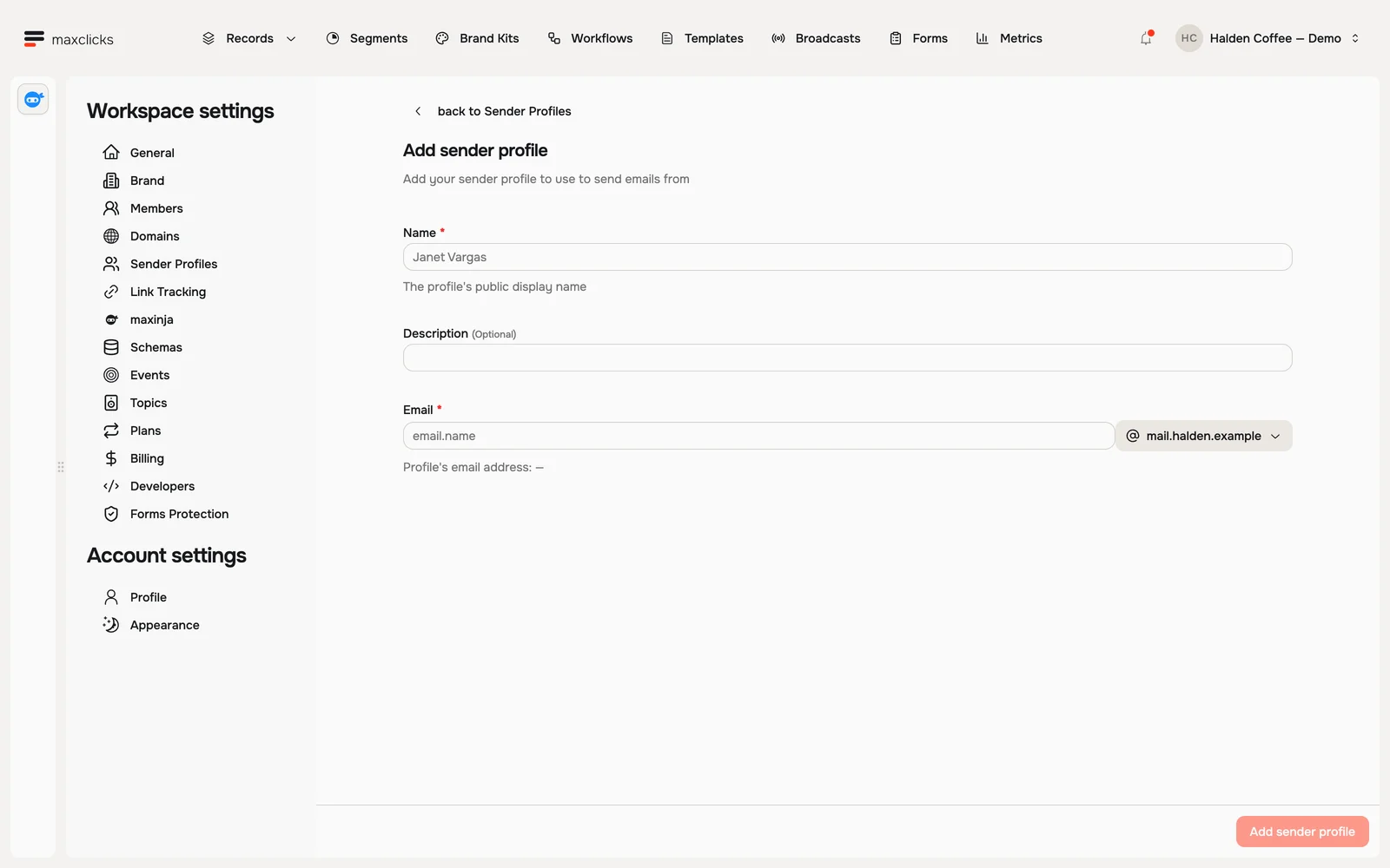 Add sender profile screen with name, email local part and domain selector
