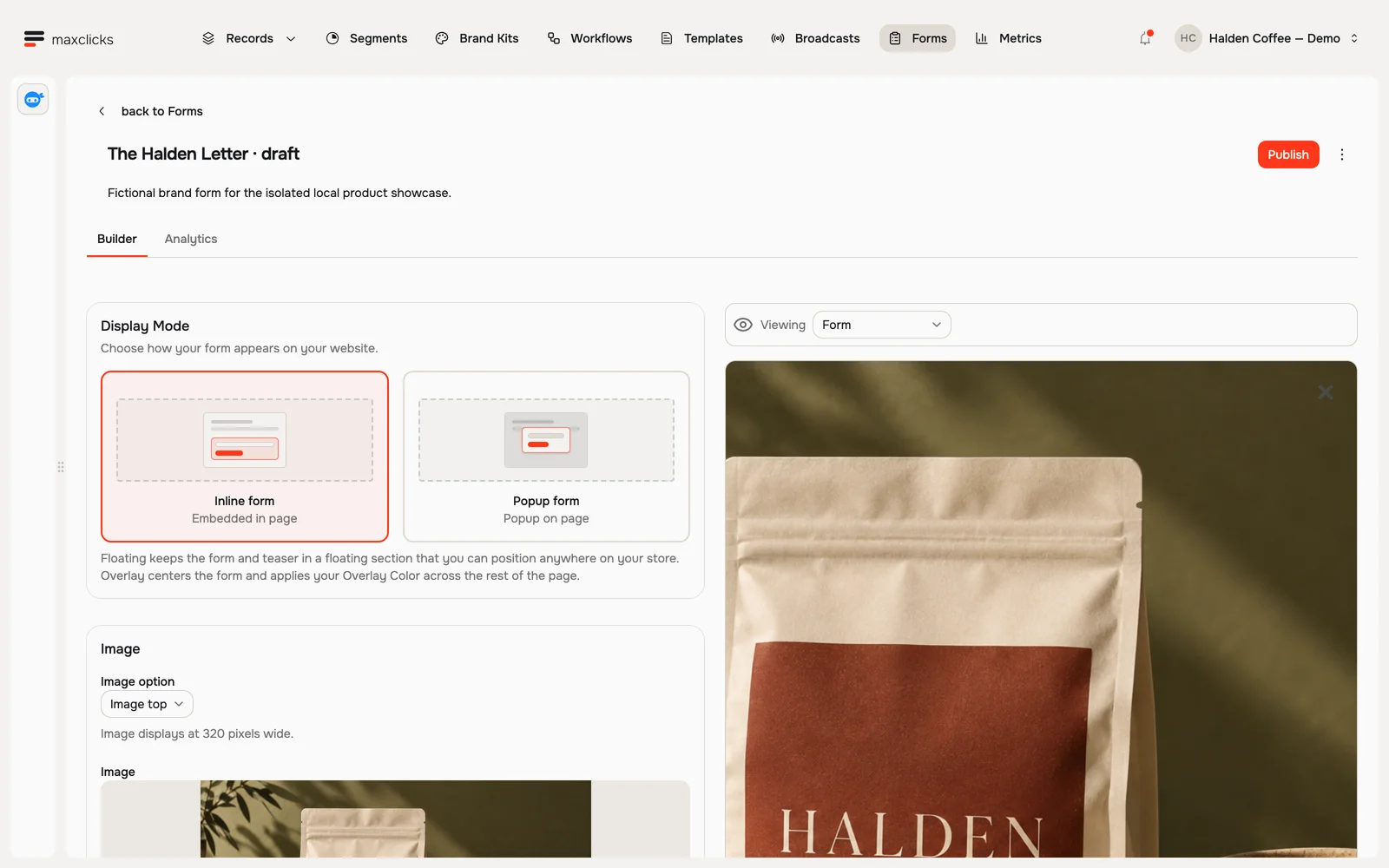 Draft Halden form with inline and popup display mode options beside its brand artwork preview