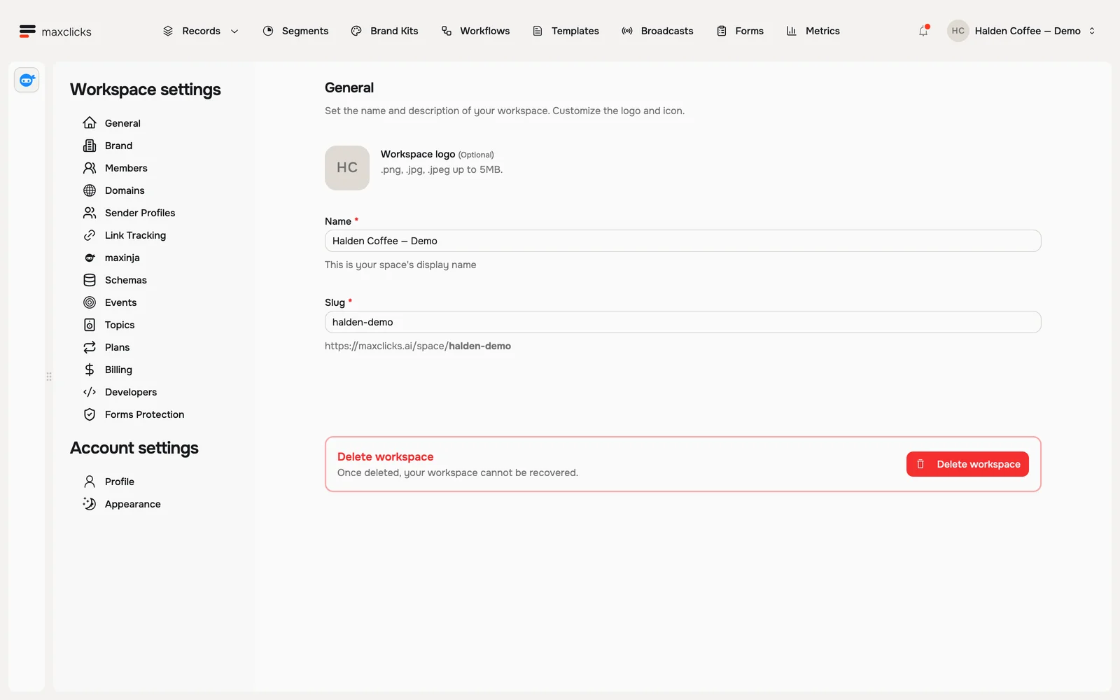 General settings showing workspace name, slug and settings navigation