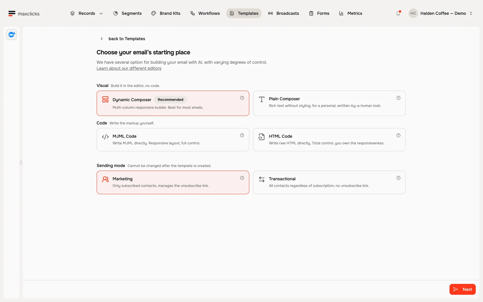 Template creation screen with Dynamic Composer, Plain Composer, MJML Code and HTML Code