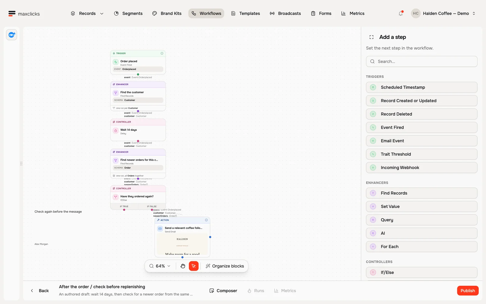 Halden draft workflow from order event through a fourteen-day wait, newer-order query, branch and email step